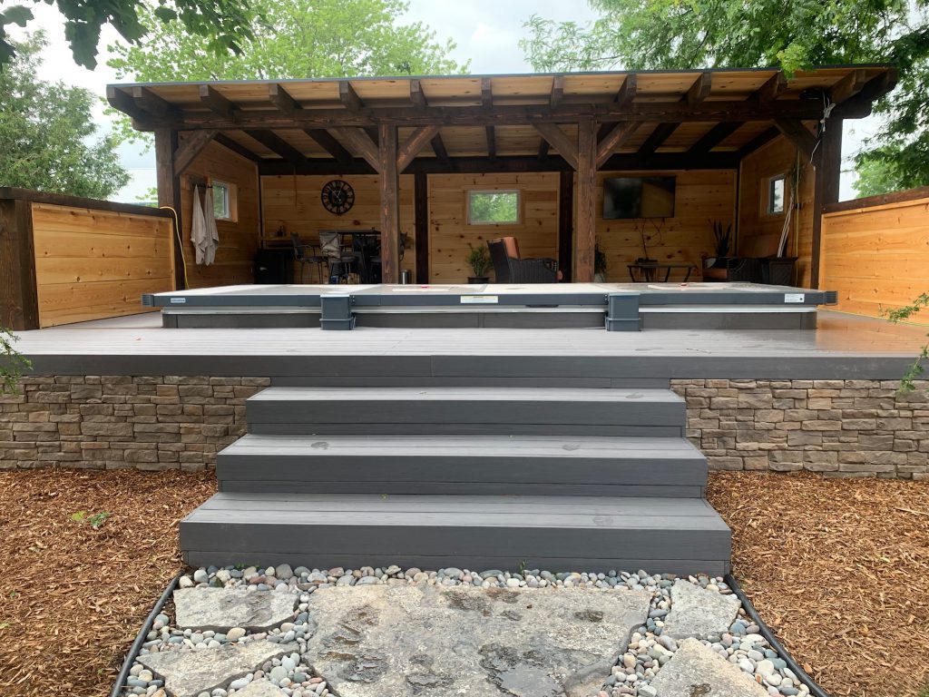 Timber framed lean-to pool party area