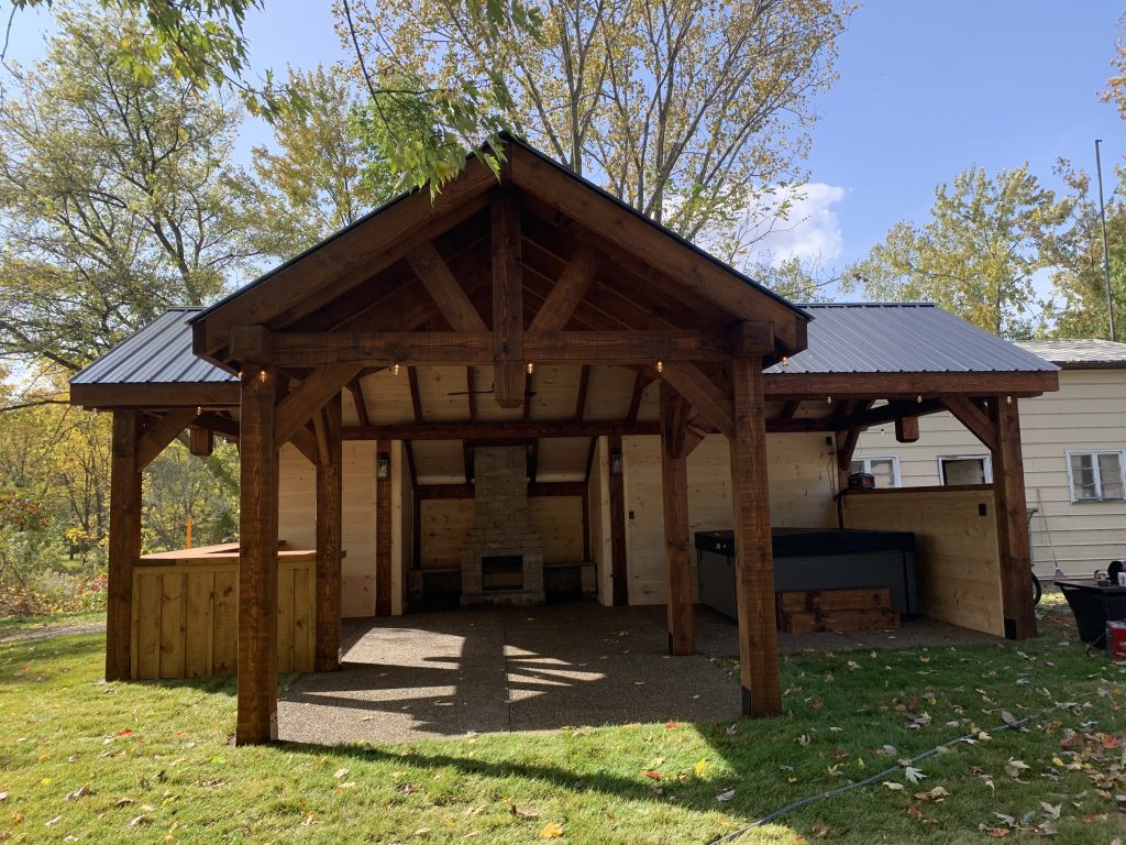 Timber framed combination fireplace, hot tub & bbq station